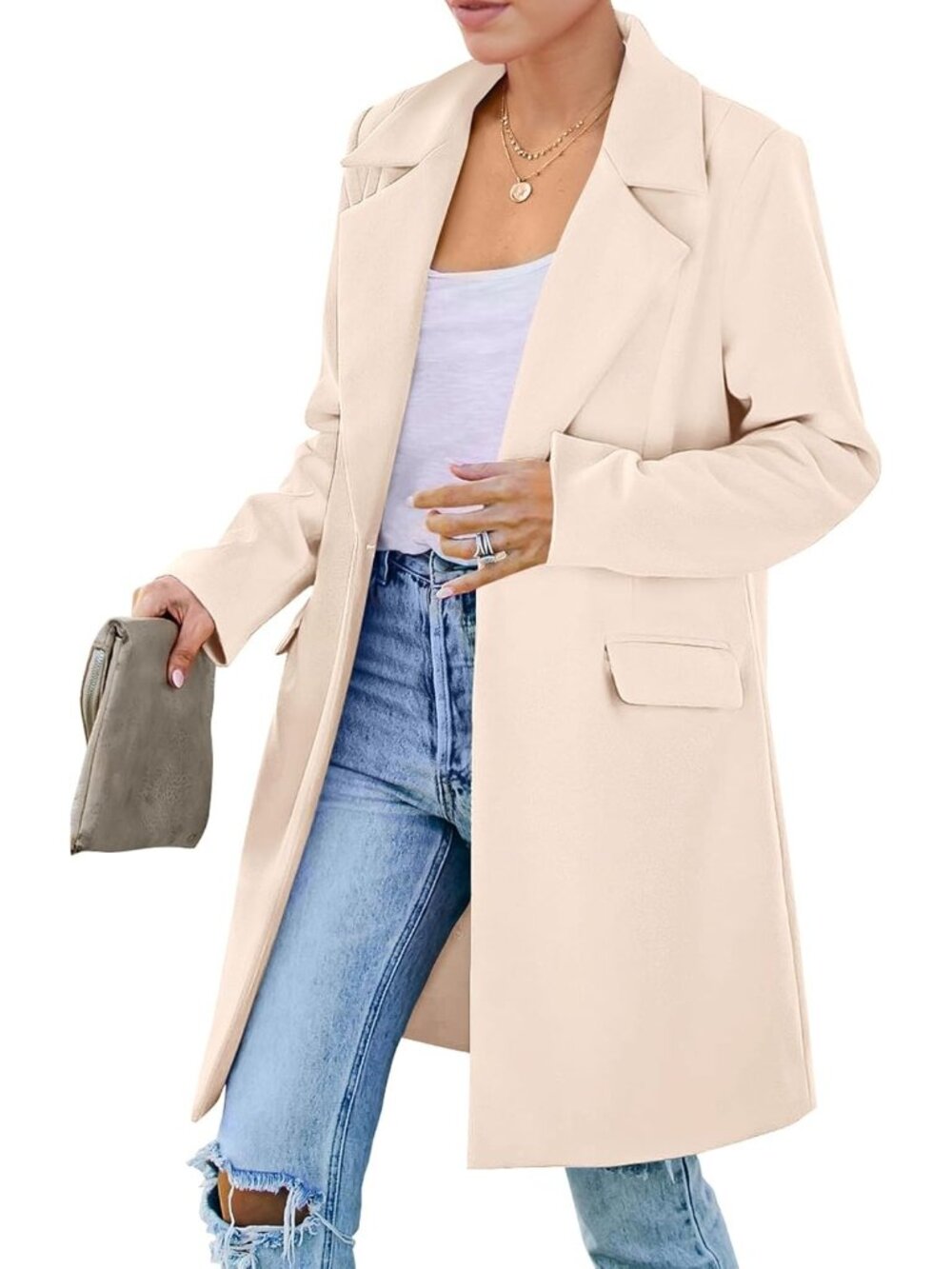 Women's Beige Mid-Length Padded Shoulder Loose Fit Fall Blazer Trench Coat